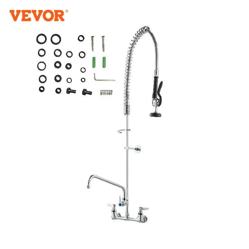 

VEVOR 21-47inch Commercial Faucet with Pre-Rinse Sprayer 8" Center 12" Swing Spout Wall Mount Sink Faucet with Pull Down Spray