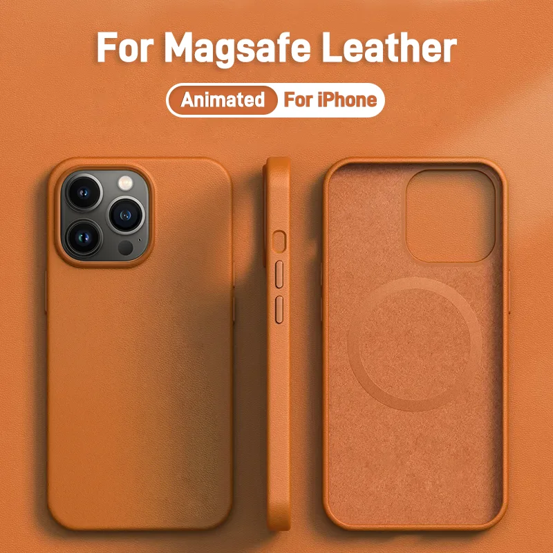 Luksusowe skórzane etui magnetyczne Magsafe do iPhone'a 15 14 13 Pro Max Plus Mini bezprzewodowe etui ładujące z akcesoriami animacyjnymi