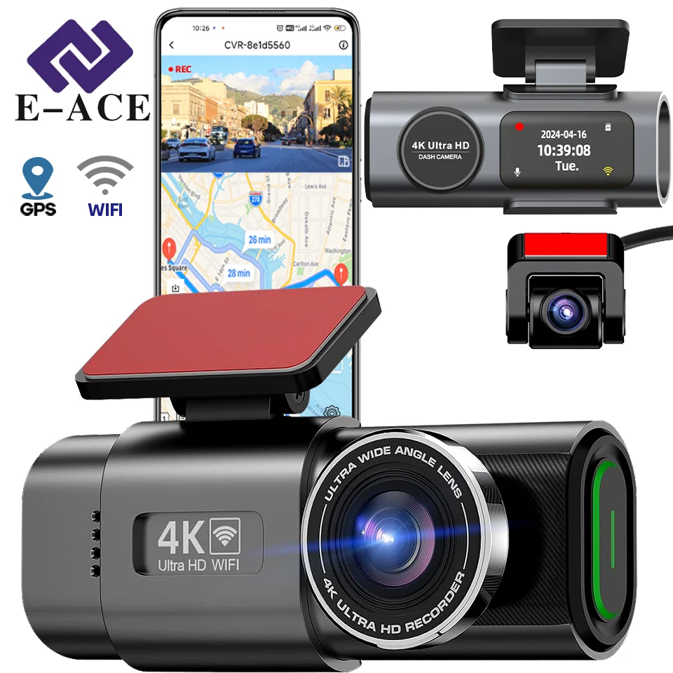 E-ACE 4K 대시캠 미니 카메라, 녹음기 GPS 와이파이, 24 시간 주차 듀얼 렌즈, 1080P 백미러 카메라, 야간 투시경, 차량용 블랙 박스 