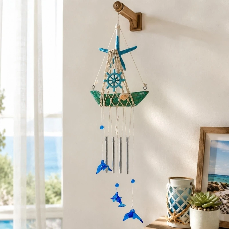 Seilnetz-Segelboot-Glockenspiel mit Delfin-Anhängern und Muschel mit 3 x – Detail 1