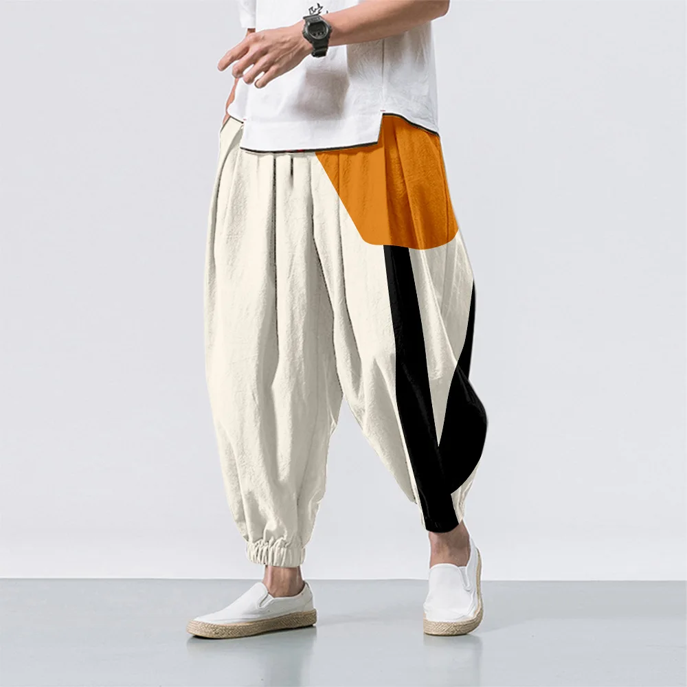 

Hipster Ice Silk Satin Men's Pants Stripe splicing Chinese Style Trousers Smooth Satin Pants Tai Chi Beach Pants