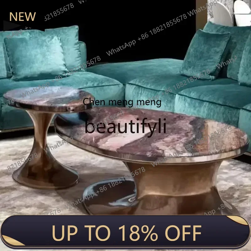 

P178 Italian light luxury natural marble luxury stone oval metal living room coffee table combination