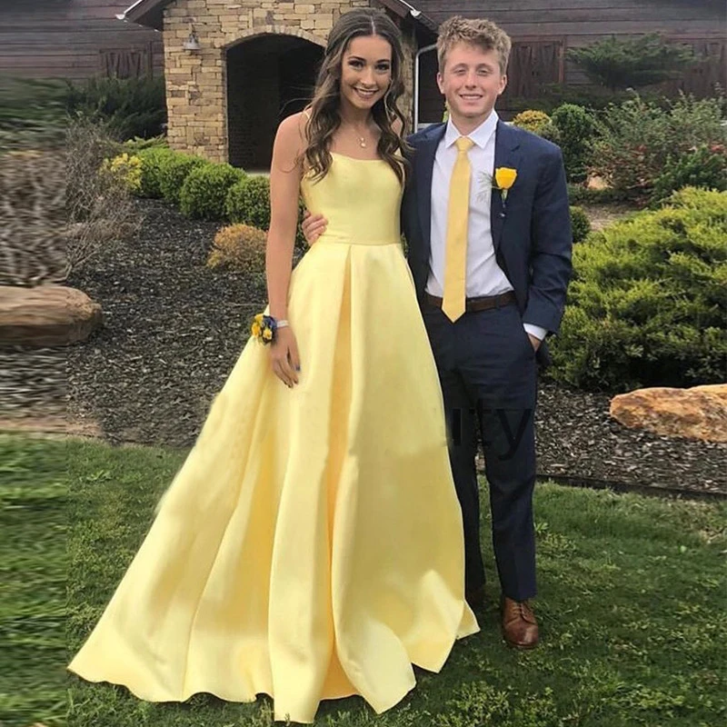 

Long Prom Dresses Spaghetti Straps Yellow Satin Simple Formal Women Party Evening Gowns A-Line Vestido De Festa Prom Gowns