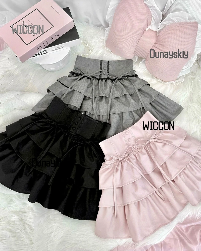 Japanese Honey Jirai Kei Mew Y2k Pink Black Gray Cross Tied Bow Top Short Skirt Kawaii Daily Party Borthday Gifts Carnival Cos view 6