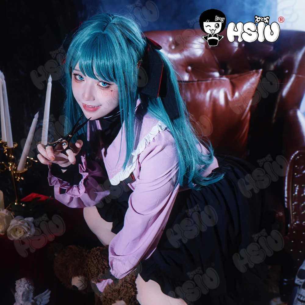 Vampire Miku Cosplay Costumes  Wig Cute Vampire Costume HSIU 45CM Blue-green double ponytail short hair Pink kawaii dress