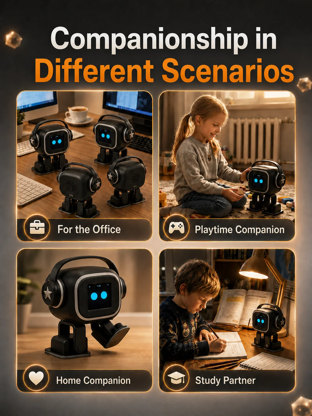 EMO AI Robot with Expressions, Voice Companion, Storytelling and Dancing, Black, 2000mAh Battery