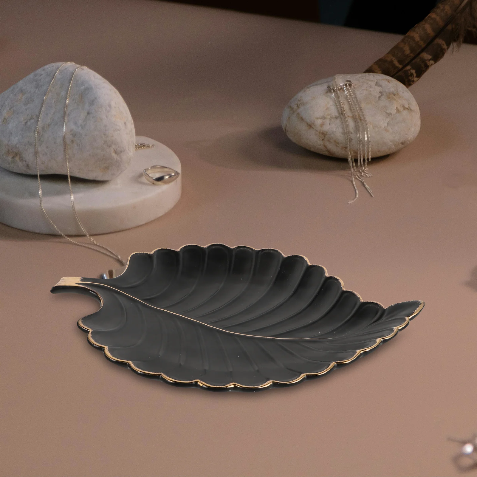 

Gold Edge Leaf Shaped Ceramic Tray Entryway Table Jewelry Dish Key Holder Trinket Plate Nightstand Decor Small Candy Dish Room