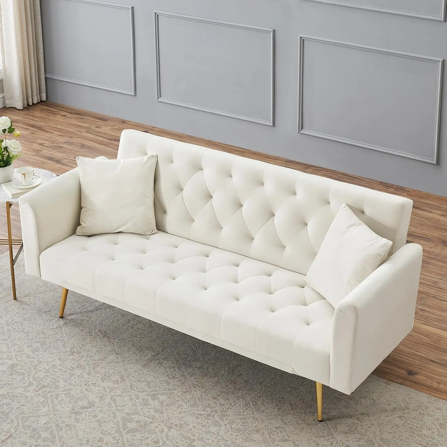 أريكة سرير مخملية حديثة مقاس 71 بوصة أريكة نوم قابلة للتحويل مع مسند ظهر قابل للتعديل معنقدة كرسي Loveseat مع كروم ذهبي