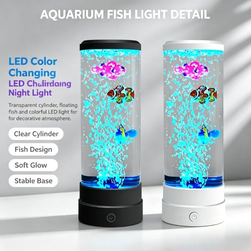 led水槽用フィッシュランプ、色が変わる円筒形ナイトライト、バブル効果付き、usb電源、リモコン付き、ベッドサイド用