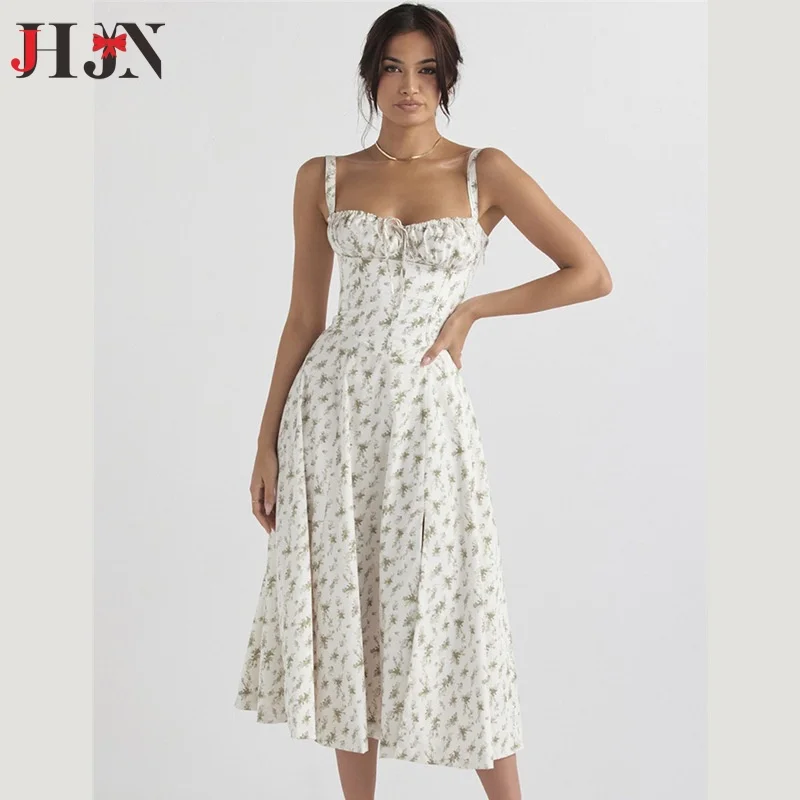 여름 여성 핫 세일 프랑스 스타일 꽃 프린트 꽃 홀터 드레스 Fishbone 스트랩 허리 분할 부드러운 바람 드레스 여성