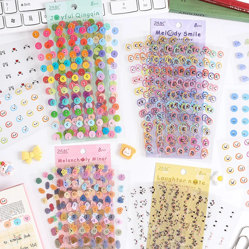 8pcs Kawaii Expression Stickers Waterproof PET Stickers Pack Children\'s Cute Stickers for Scrapbooking Aesthetic Stationery