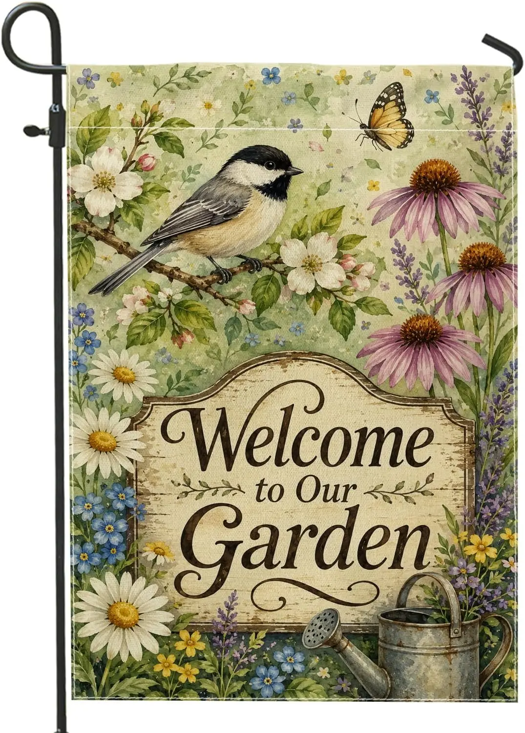 Bird Garden Flag, Floral Rustic Butterfly Chrysanthemum Spring Green Double Sided Burlap Yard Decorative Flag