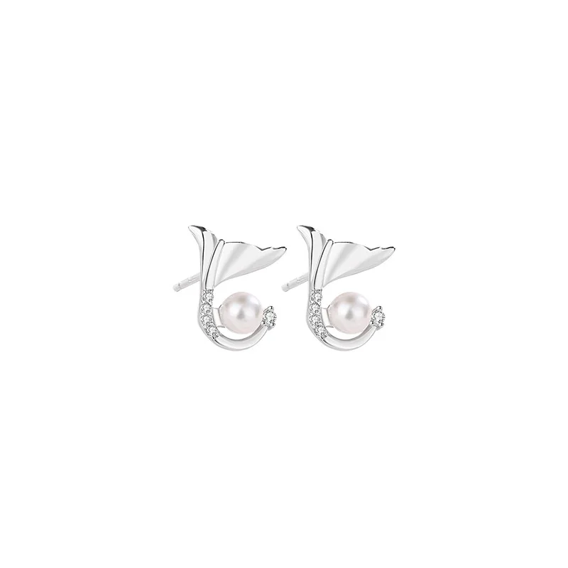 RYJU 925 Sterling Silver Women Crystal Fish Tail Studs Earrings Pearl Mermaid Jewelry Fashion Wedding Party Accessories Gift