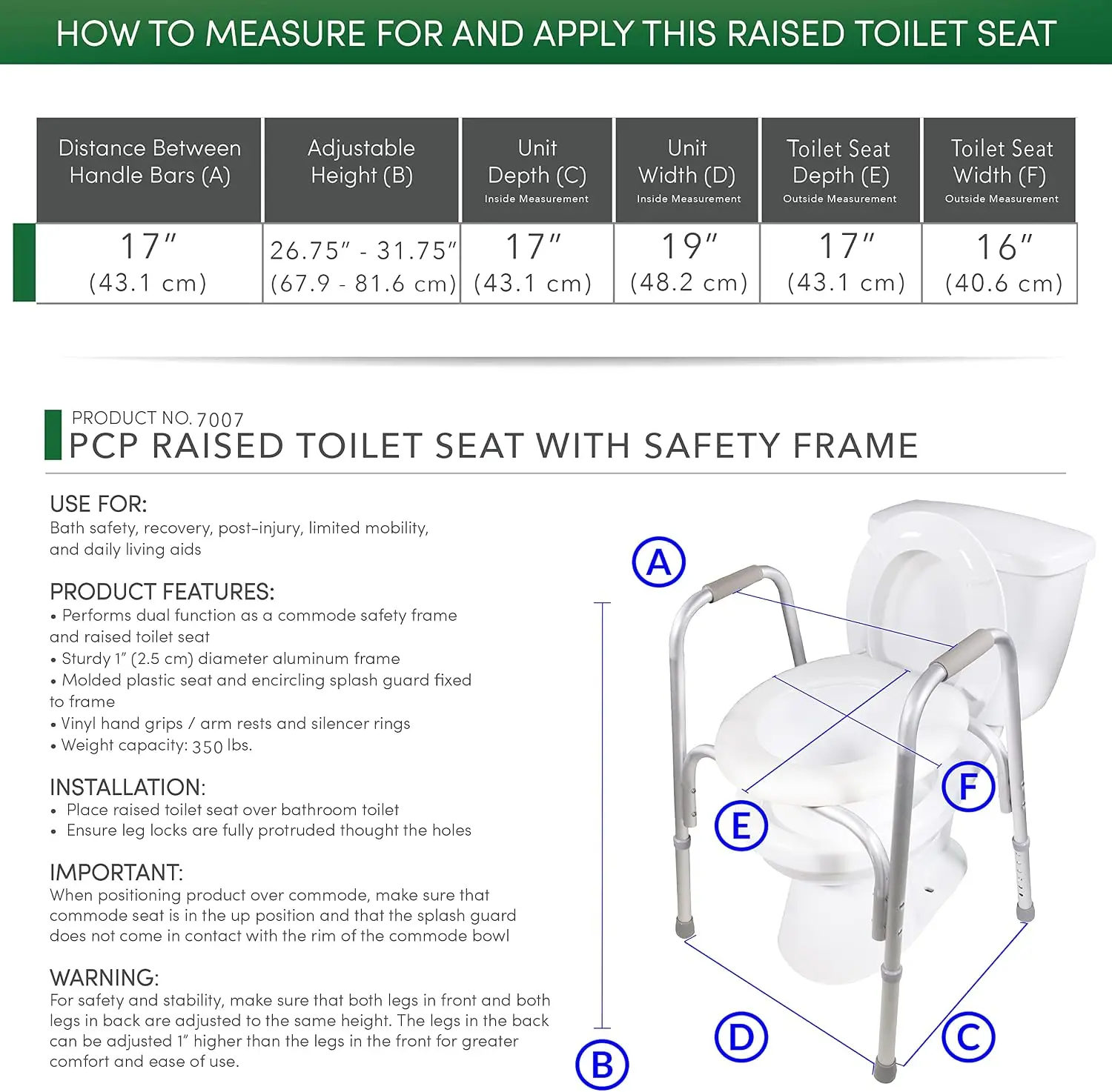PCP Raised Toilet Seat and Safety Frame, Pre-Assembled Tool Free, Secure Adjustable Height, Made in USA, Regular