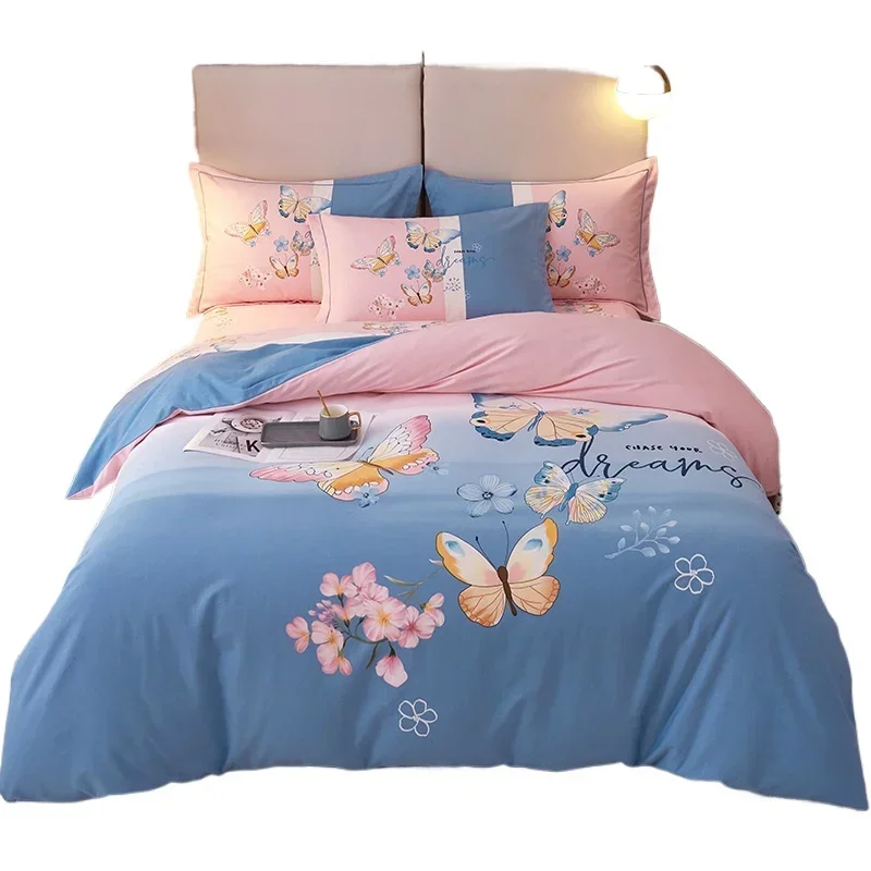 Four-piece set of pure cotton bedding, 100 polished mattress, spring and autumn thickened bed sheet quilt cover, three or four