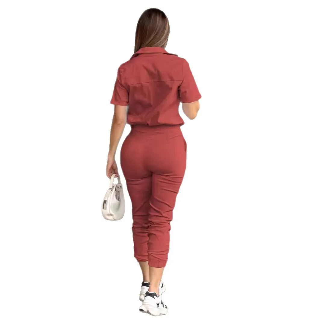 Casual Jumpsuit For Woman High Quality & Women's Jump Suit Cap Sleeve Elastic Waist Button Front Full Length Solid Color Pink