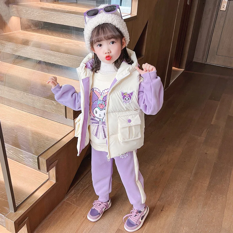 Sanrios My Melody Kuromi Cinnamoroll Girl Fleece Suit Autumn Winter Kids Clothing Vest Baby Thickened Sweatshirt Three-Piece Set