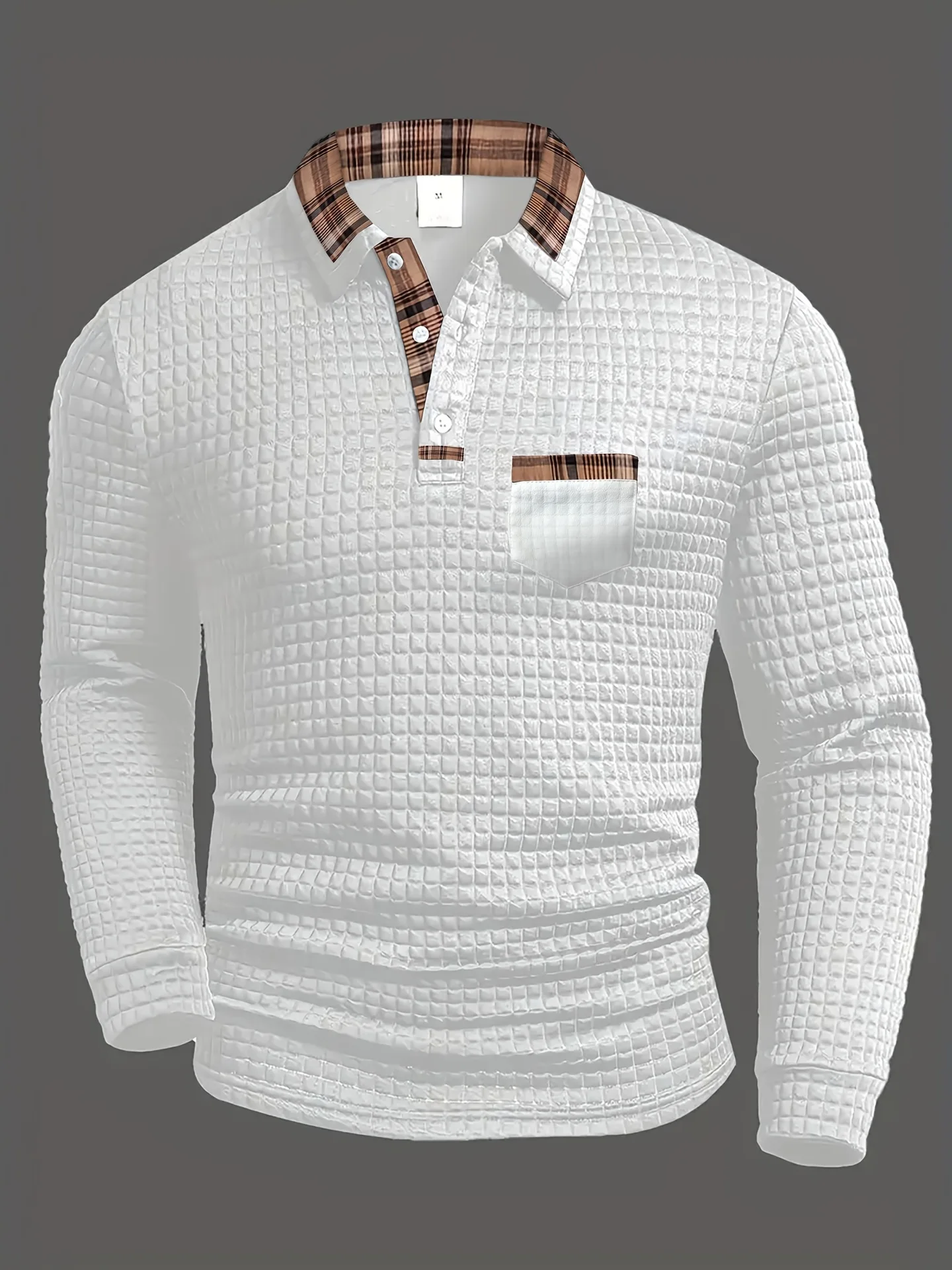 

New men's POLO shirt, casual and fashionable, solid-colored checkered patchwork collar, pocket, long sleeves
