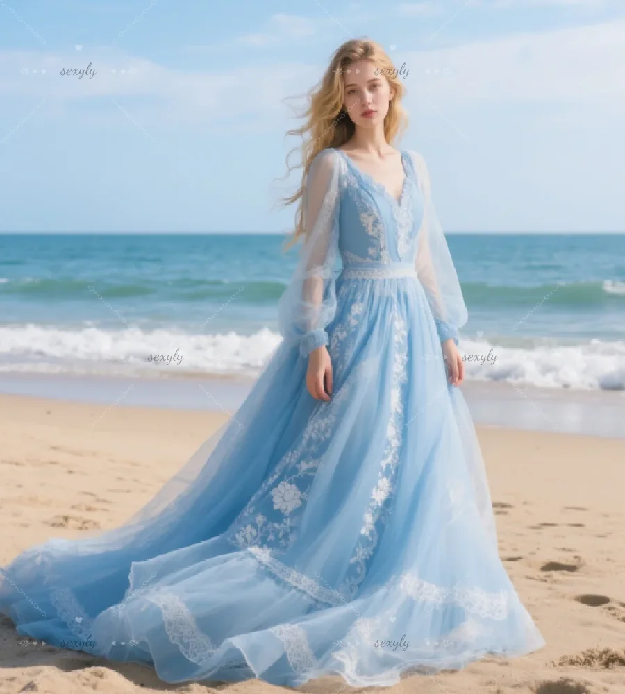 Seaside Fairy Blue Beach Wedding Dress 2026 Bohemian Tulle Long Sleeve Elopement Civil Bridal Gowns White Appliques Lace Mariage