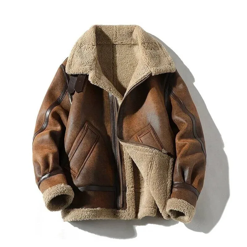 

Retro Suede Lamb Men's Fleece Lined Thickened Winter Motorcycle Style Leather Fur Integrated Large Size Jacket