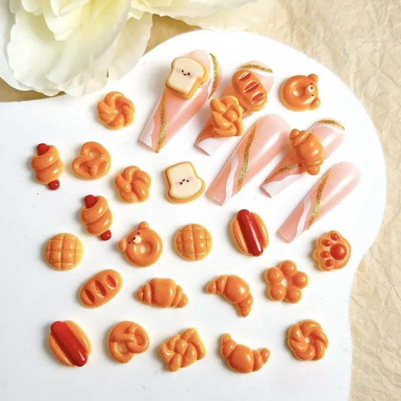 20Pcs New Cute Smiley Toast Bear Nail Charms Creative Simulated Sausage Bread Pineapple Bun Resin Nail Art Decorations for DIY