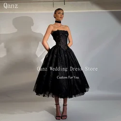 Qanz Modern Black Prom Dresses Lace Appliques Strapless Vestidos De Fiesta Elegantes A Line Tea Length Birthday Photo Customized