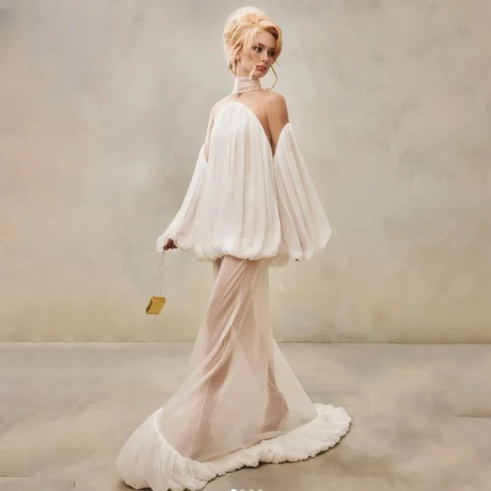 Customized Airy Chiffon Halter Boat Neck Wedding Dress Off Shoulder Puff Bubble Sleeve Pleated A Line Corset Bridal Gown