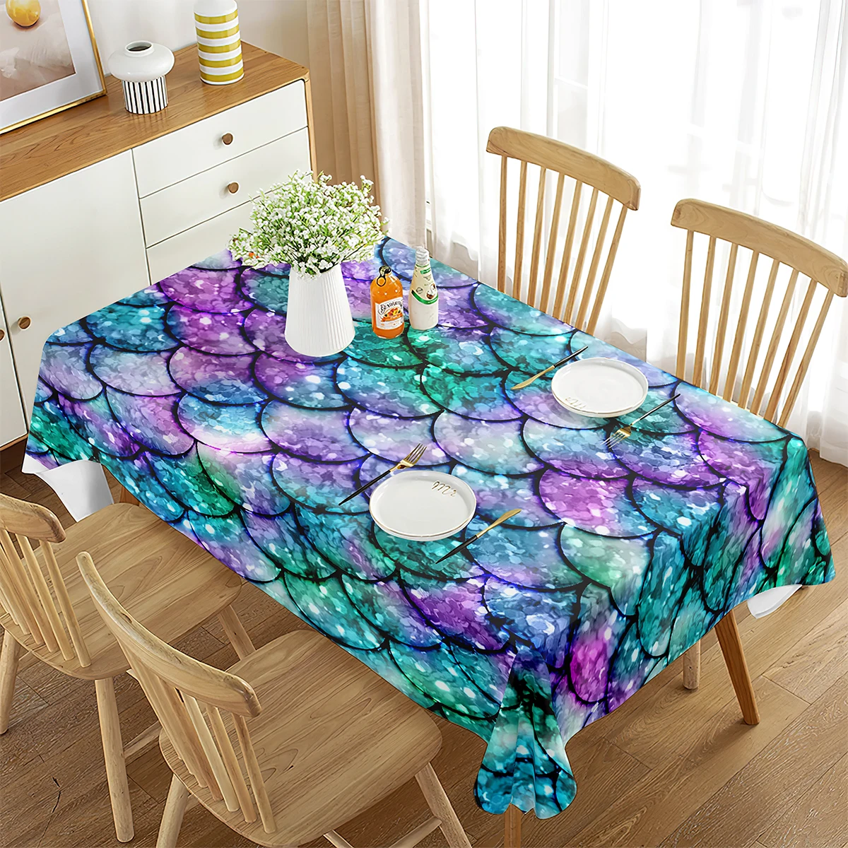 

Mermaid Scale Tablecloth Colorful Glitter Mermaid Scales Kitchen Tea Table Wedding Living Room Decoration Rectangular Tablecloth