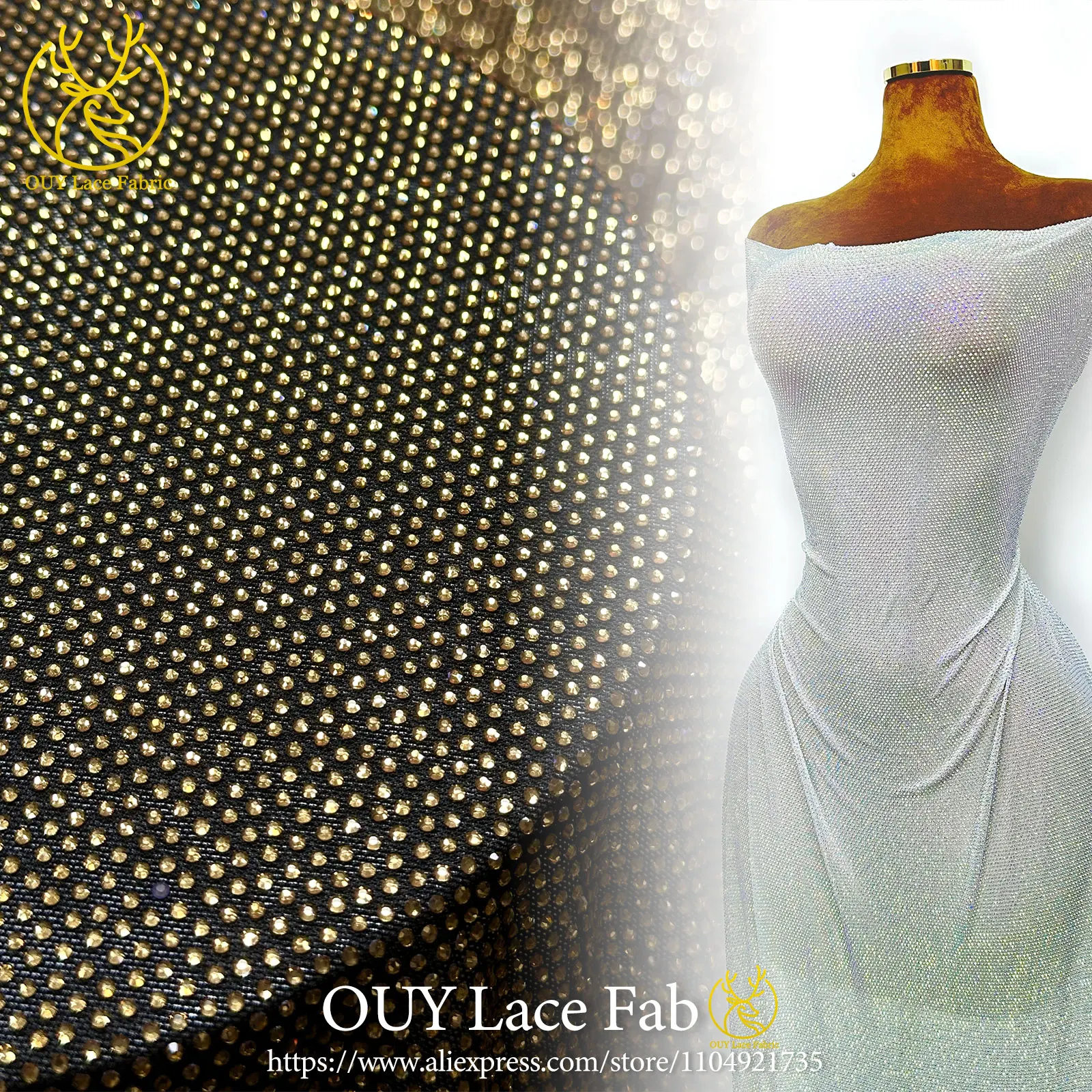 

Black Gold Luxury French Glass Rhinestone Lace Fabric 2026 High-Quality Luxury Nigerian Stone Lace Fabric Party Dress Material