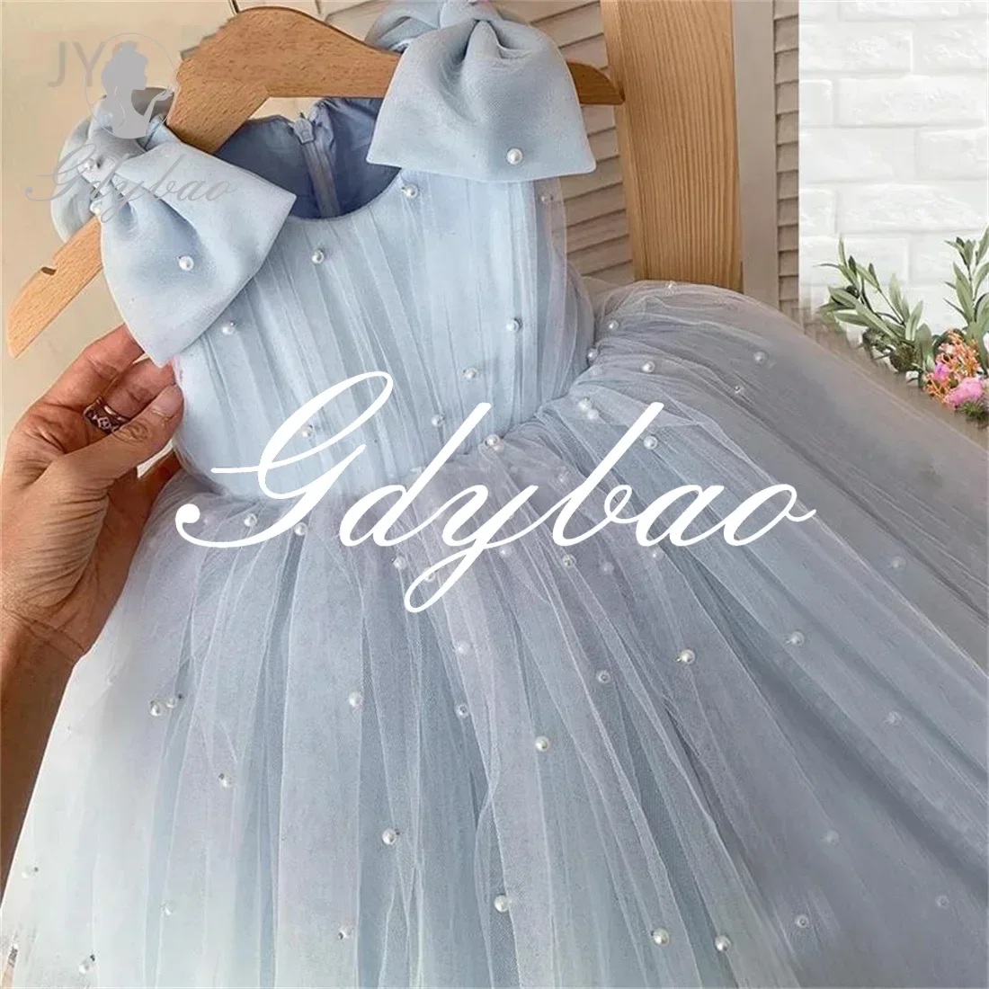 JYS Pearls Beading Sleeveless Flower Girl Dresses For Wedding Puffy Tulle Baby Party First Communion Gowns With Bows