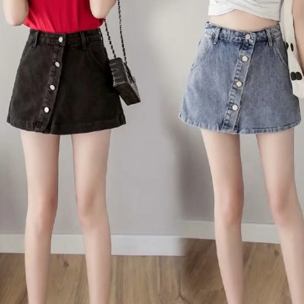 Feynzz Fashion New Summer Women High Waist Button Wigh Leg Jeans Shorts Casual Female Loose Fit Blue Denim Shorts