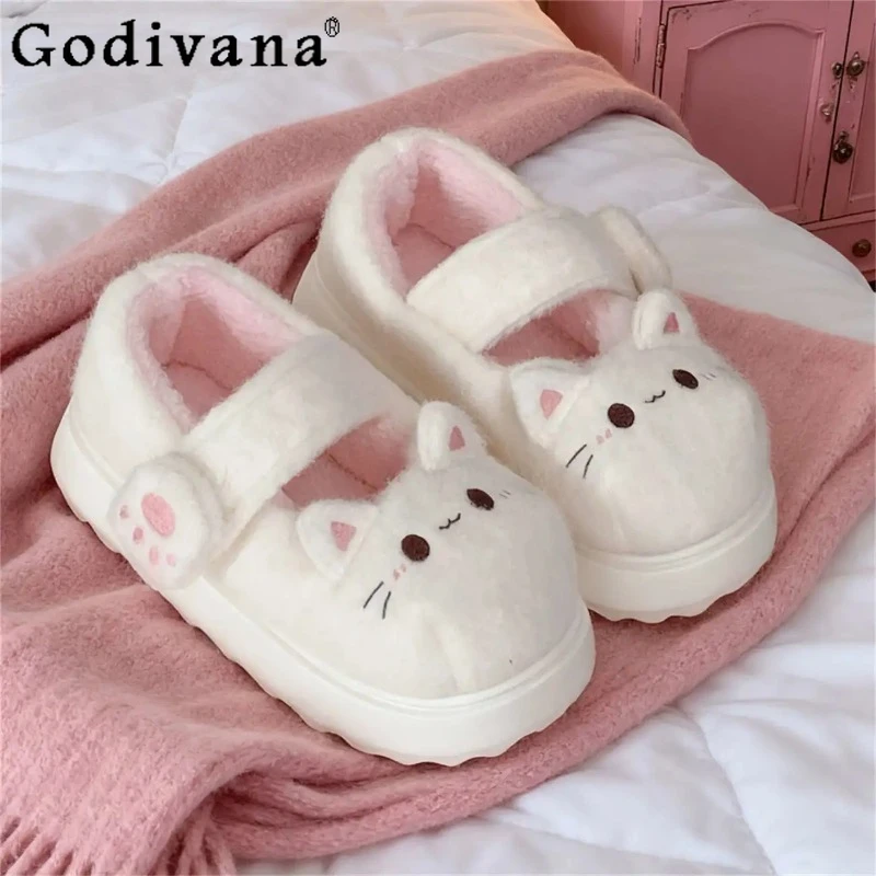 

Soft Cute Plush Closed Toe Shoes for Female Students WMary Jane Cotton Shoes Women's Japanese Style Sweet Home Slippers