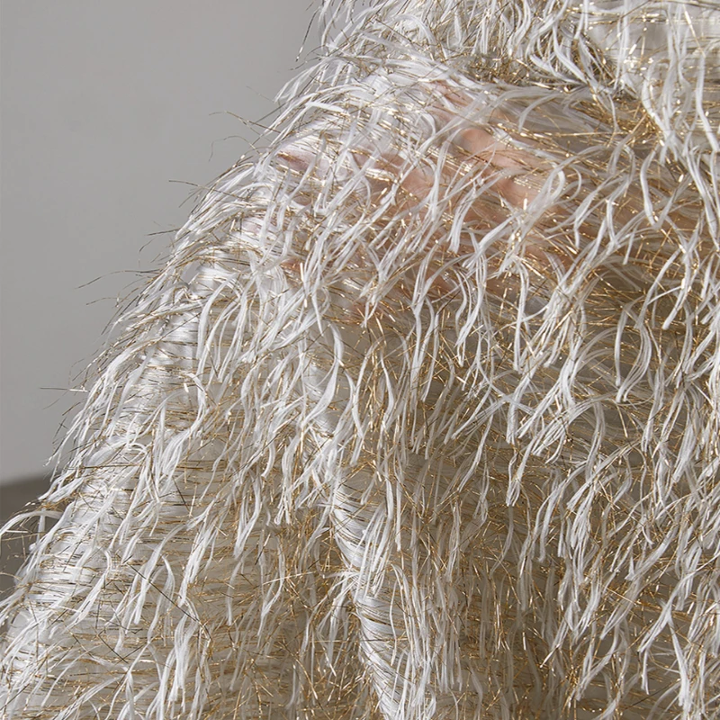 Gold White Feather Tassel Fabric Metallic Yarn Textured Fabric Handmade DIY Wedding Dress Evening Gown Costume Designer Fabric view 6