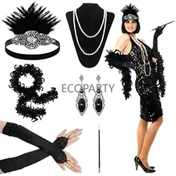 6 Pcs Women 1920s Accessories Headpiece Black Feather Satin Gloves Pearl Necklace Earrings for Halloween Cosplay Party Dress
