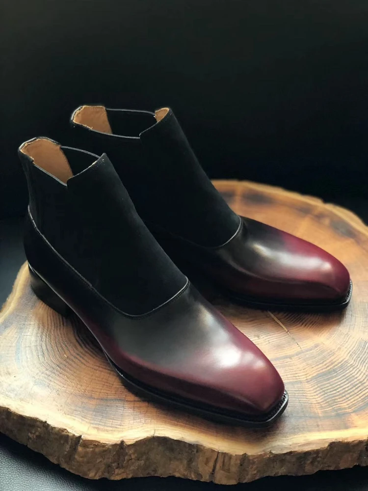 Cie Hand-Painted Wine Chelsea Beveled Waist/Fiddle-back Ankle Boots Leather Sole Men High Quality Can Custom Color MA18