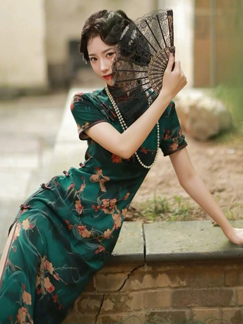 

Молодежное шелковое длинное ципао с высоким разрезом для повседневной носки, сексуальное, для выступлений на сцене, в китайском стиле