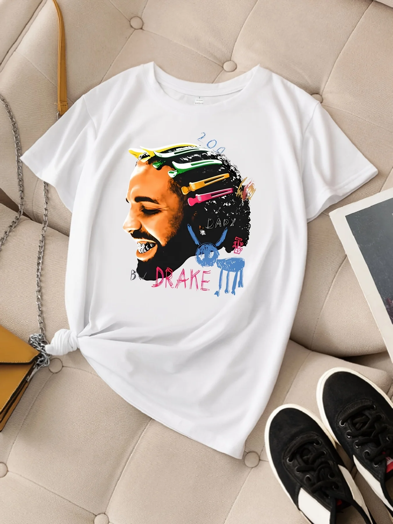 

DRAKE lettered men side face printed T-shirt with braces trendy women top fashionable