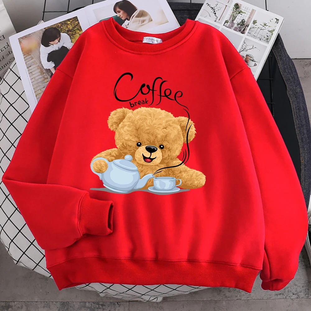 Street Casual Womens Sweatshirt Coffee Break Teddy Bear Making Coffee Print Hoodies Loose Soft Pullovers Crewneck Fleece Clothes