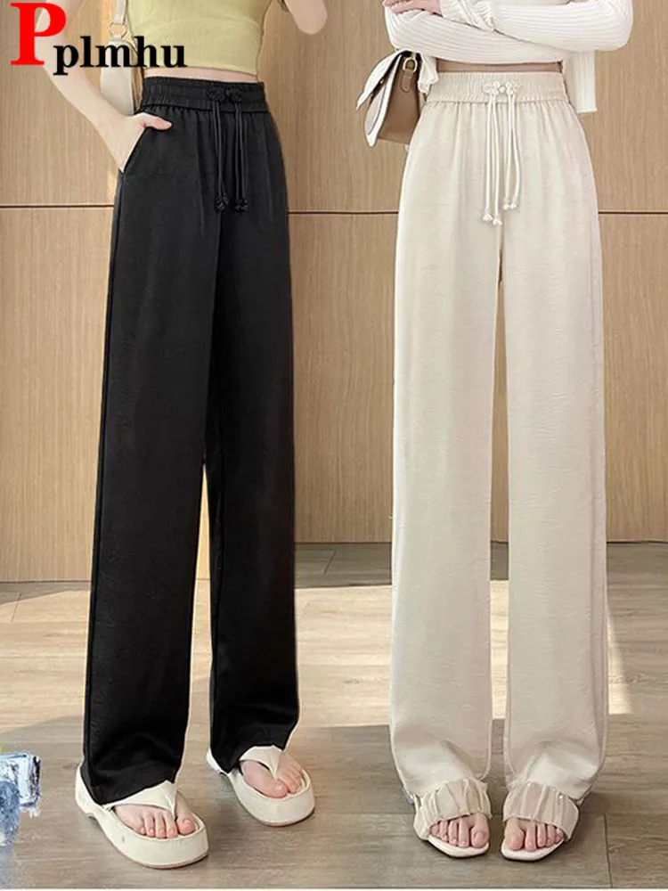 Women Casual Loose Straight Pants Spring Fall Elastic High Waist Wide Leg Pantalones Classic Black Chic Design Spodnie Damskie