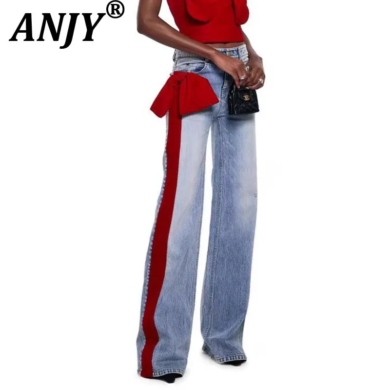 

ANJY Autumn New Women Trendy Jeans Side Bowknot Contrast Color Patchwork Denim Temperament Stylish Versatile Casual Pants A10063