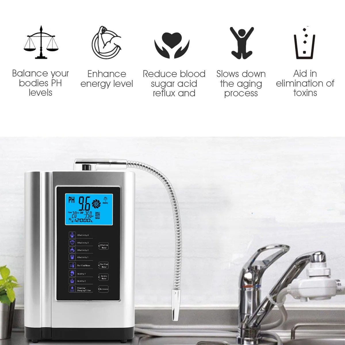 Water Ionizer Hydrogen Generator Machine Purifier 5 Plates Produces PH 3.5-10.5 Alkaline Acid Water Filter System for Home