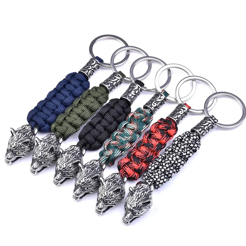 1Pc Stainless Steel Wolf Head Trinity Bead Diy Lanyard Viking Jewelry Survival Rope Keychain Handmade Womens Mens Paracord Ring