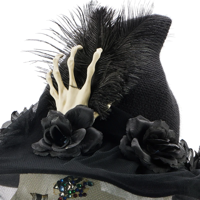 Handmade Witch Hat Lolita Gothic Retro Black Rose Skeleton Hand Wizard Hat with Veil Halloween Party Costumes Hats