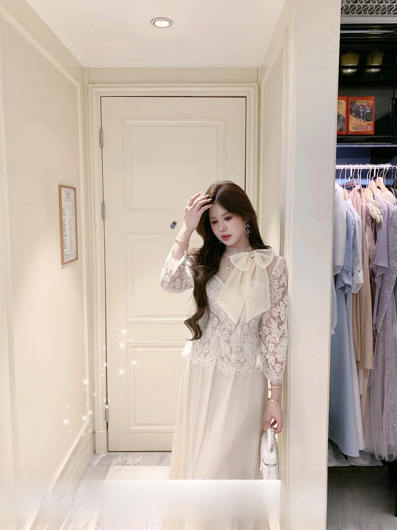 

Elegant Lace Hollow out V-Neck White Shirt for Women Slim Fit Casual Style Knot Long Sleeve Summer Fashion