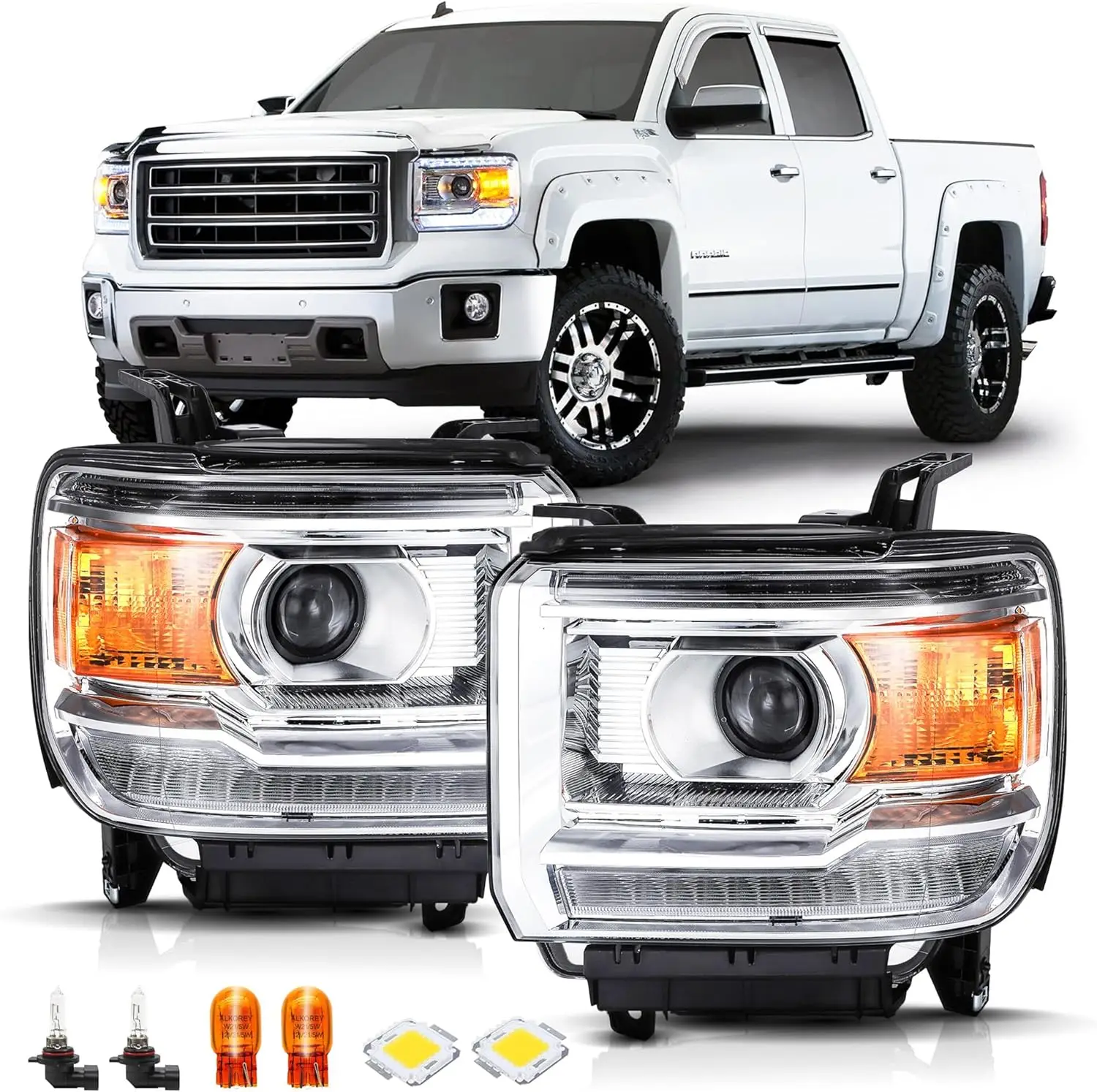 LED DRL Headlight Assembly Compatible with 2014-2018 GMC Sierra 1500 / 2015-2019 GMC Sierra 2500HD 3500HD, Replacement Headlamp