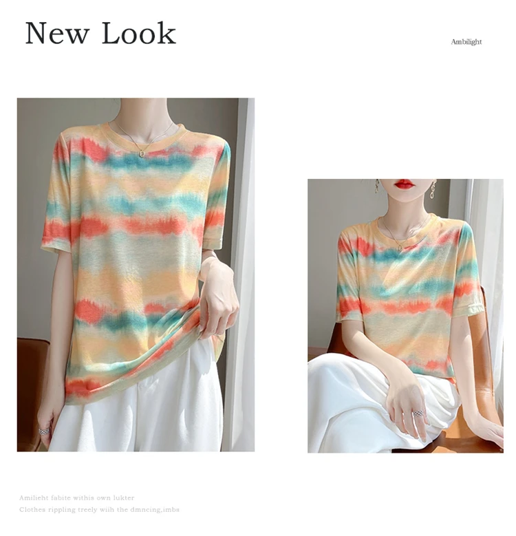 Summer New Women's Round Neck Printed Knitted Short-Sleeved Thin T-shirt Loose Bottoming Shirt