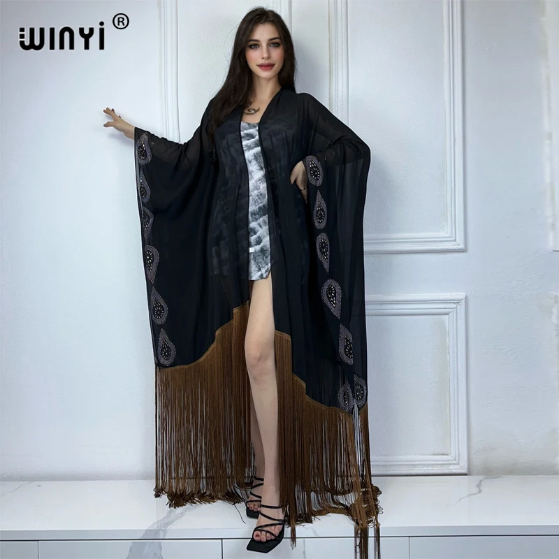 

WINYI kimono summer beach Bikini Cover-up Black sexy perspective tassel Hot drilling cardigan Holiday long Sleeve maxi dress