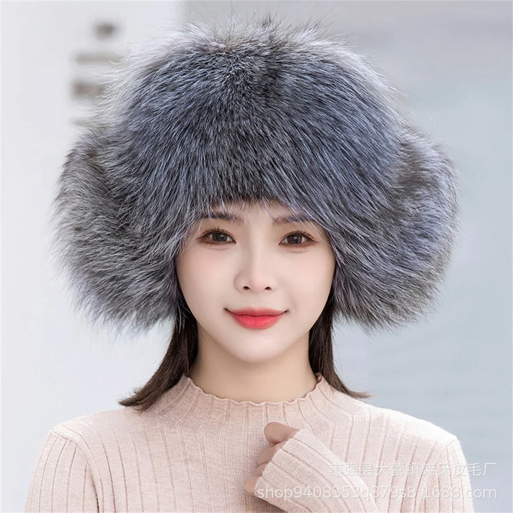 New Winter Men's 100% Real Silver Fox Fur Bomber Hat Raccoon Fur Ushanka Cap Trapper Russian Man Ski Hats Russian Silver Fox Hat