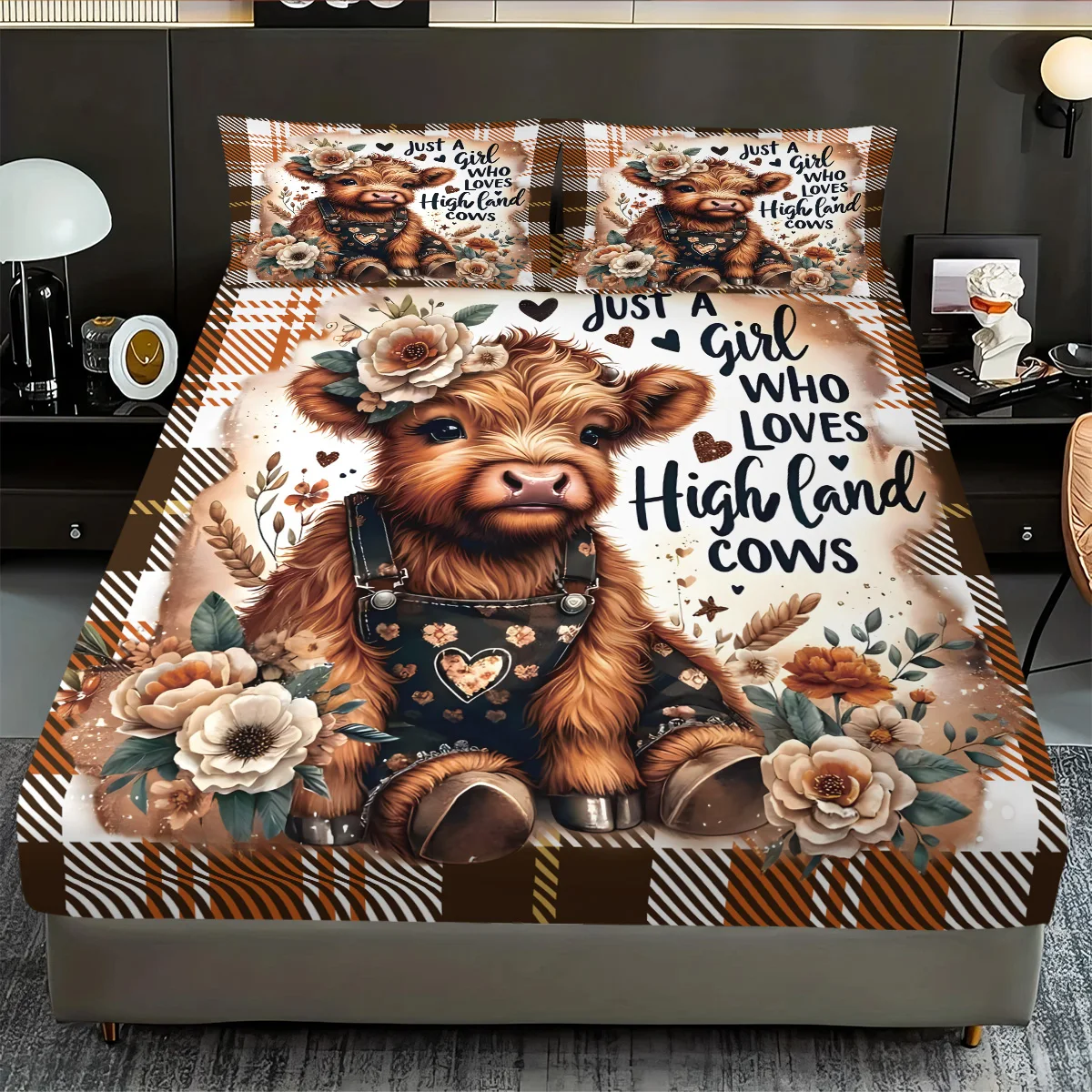 3 قطعة الكرتون المرتفعات البقرة طباعة Coreless غطاء سرير مجموعة متعددة الحجم غطاء السرير غرفة نوم عنبر الفراش الديكور آلة قابل للغسل