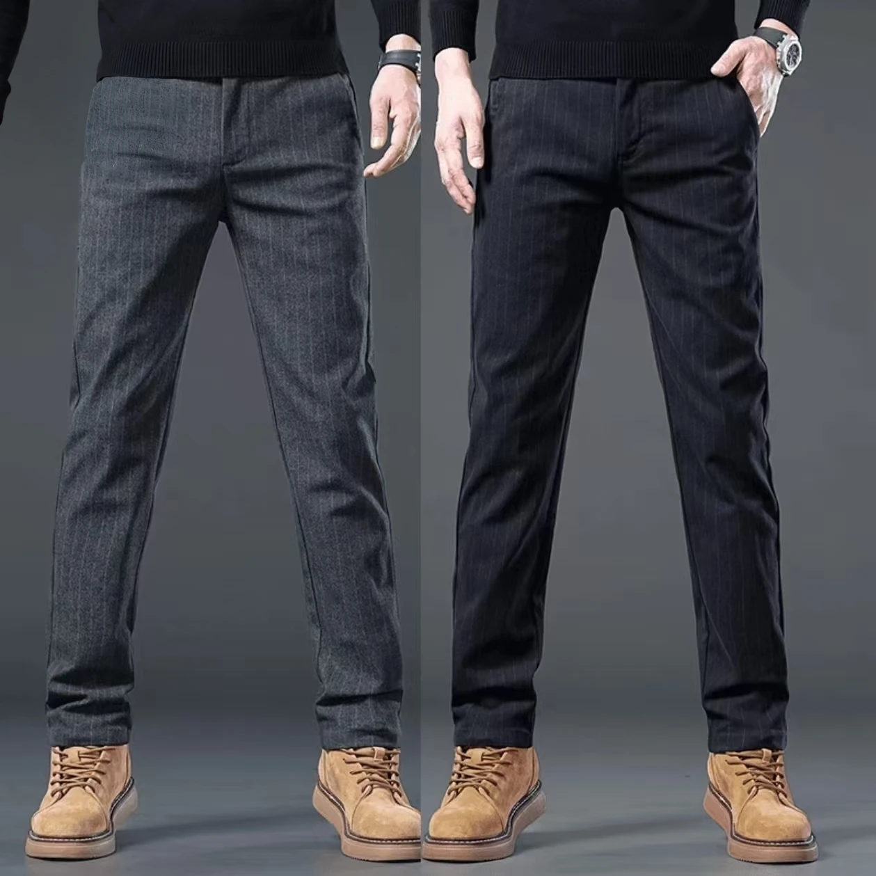 

Мужские брюки Z323: серебристые, с вертикальной полосатой вышивкой, для ранней осени, повседневные, облегающие, эластичные, для отдыха